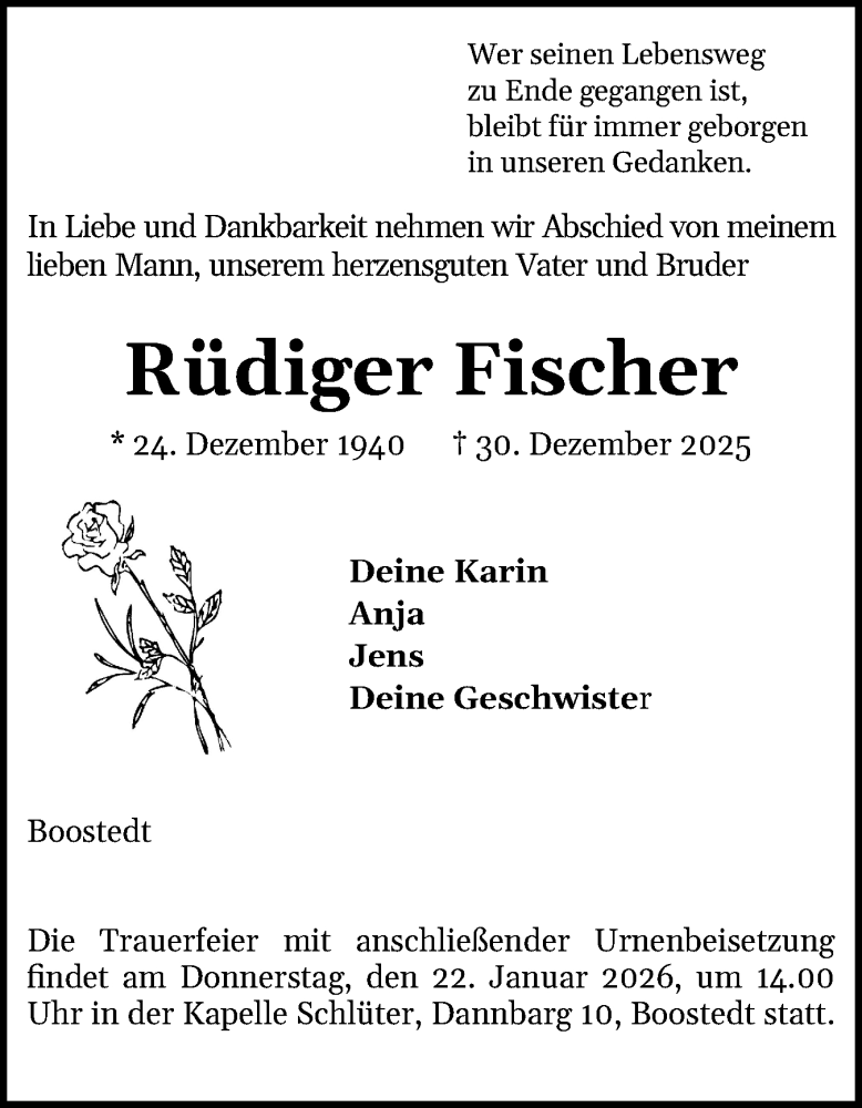  Traueranzeige für Rüdiger Fischer vom 10.01.2026 aus Holsteinischer Courier