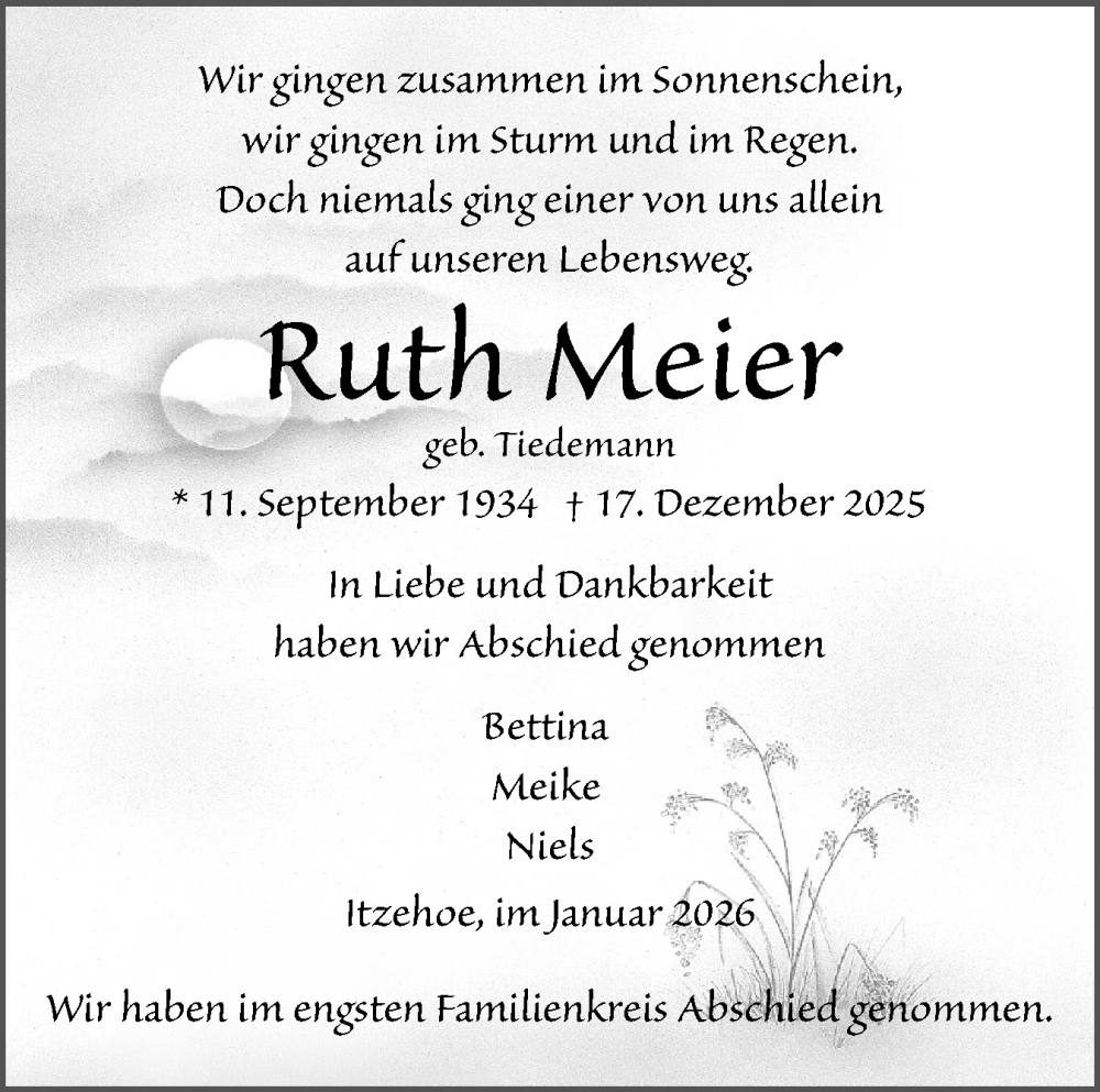  Traueranzeige für Ruth Meier vom 10.01.2026 aus Norddeutsche Rundschau, Wilstersche Zeitung, Glückstädter Fortuna