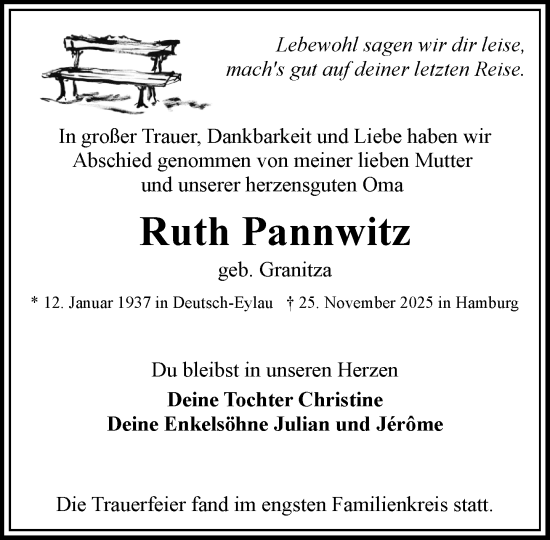 Traueranzeige von Ruth Pannwitz von Wochenend Anzeiger