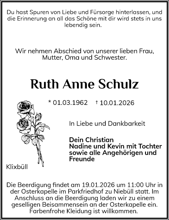 Traueranzeige von Ruth Anne Schulz von Husumer Nachrichten, Nordfriesland Tageblatt