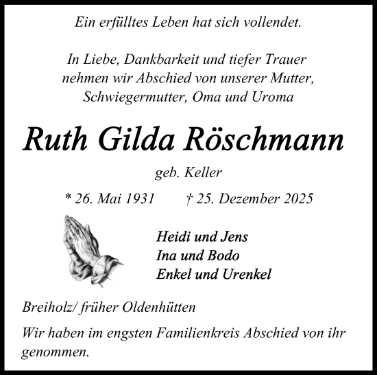 Traueranzeige von Ruth Gilda Röschmann von Schleswig-Holsteinische Landeszeitung