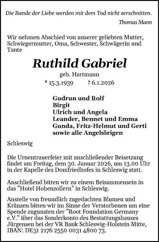 Traueranzeige von Ruthild Gabriel von Schleswiger Nachrichten, Schlei-Bote