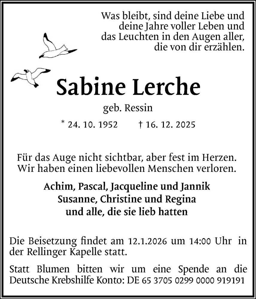  Traueranzeige für Sabine Lerche vom 03.01.2026 aus Region Pinneberg und tip Pinneberg