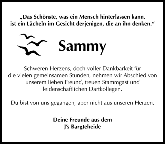 Traueranzeige von Sammy  von MARKT Ahrensburg/Bargteheide/Trittau und Stormarner Tageblatt