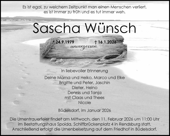 Traueranzeige von Sascha Wünsch von Schleswig-Holsteinische Landeszeitung