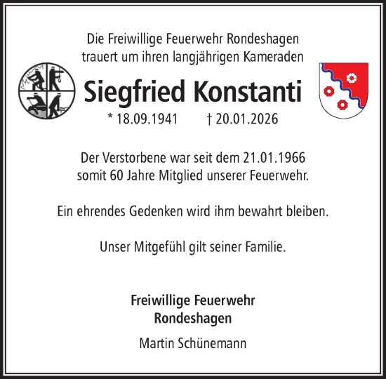 Traueranzeige von Siegfried Konstanti von MARKT Ratzeburg/Mölln
