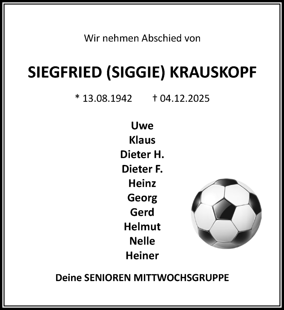  Traueranzeige für Siegfried Krauskopf vom 03.01.2026 aus MARKT Ahrensburg/Bargteheide/Trittau und Stormarner Tageblatt