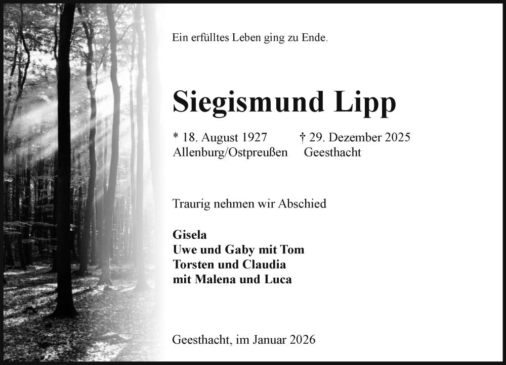  Traueranzeige für Siegismund Lipp vom 10.01.2026 aus Wochenend Anzeiger