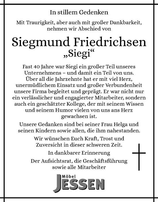 Traueranzeige von Siegmund Friedrichsen von Husumer Nachrichten, Nordfriesland Tageblatt