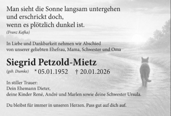 Traueranzeige von Siegrid Petzold-Mietz von Husumer Nachrichten, Nordfriesland Tageblatt