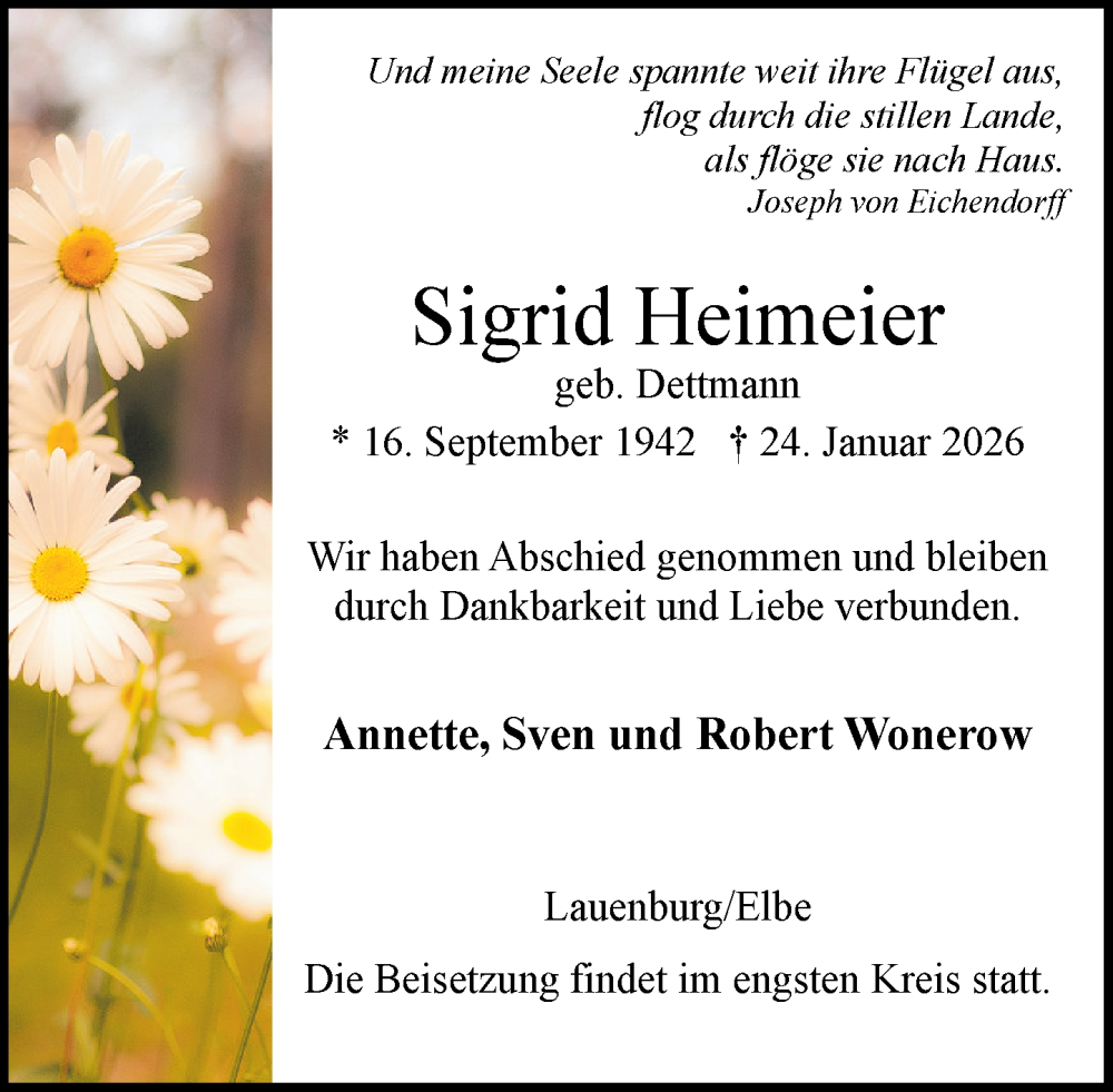  Traueranzeige für Sigrid Heimeier vom 31.01.2026 aus Wochenend Anzeiger