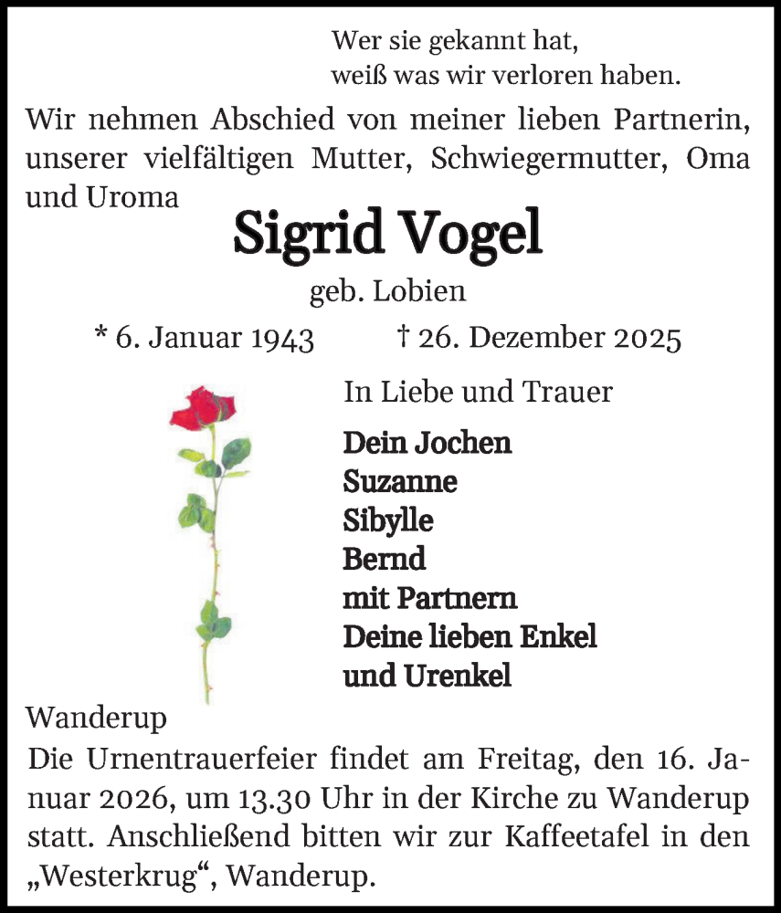  Traueranzeige für Sigrid Vogel vom 10.01.2026 aus Flensburger Tageblatt