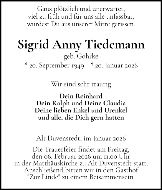 Traueranzeige von Sigrid Anny Tiedemann von Schleswig-Holsteinische Landeszeitung