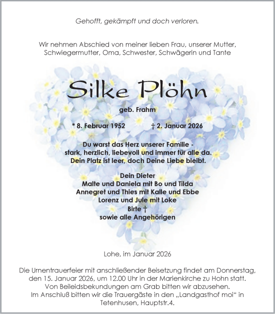 Traueranzeige von Silke Plöhn von Schleswig-Holsteinische Landeszeitung