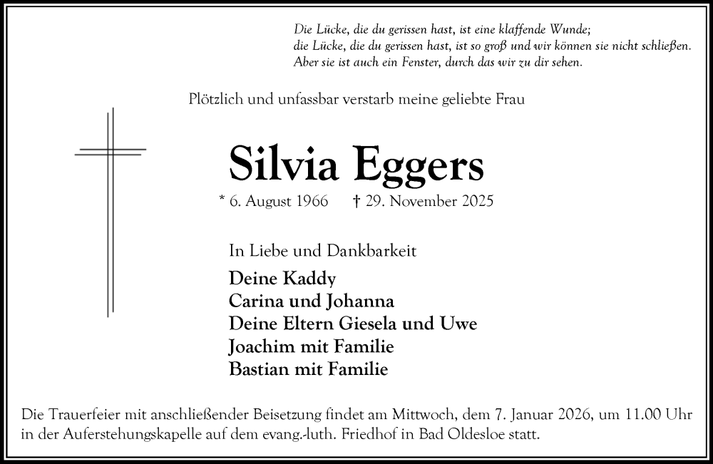  Traueranzeige für Silvia Eggers vom 03.01.2026 aus MARKT Bad Oldesloe/Reinfeld und Stormarner Tageblatt