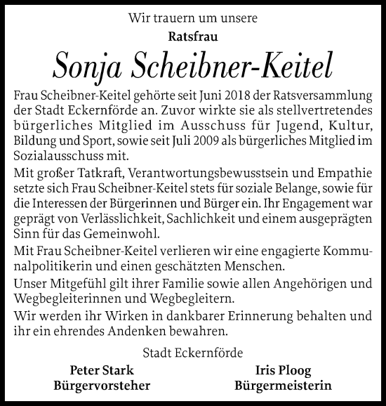 Traueranzeige von Sonja Scheibner-Keitel von Eckernförder Zeitung, Hallo Eckernförde