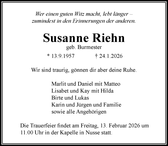 Traueranzeige von Susanne Riehn von MARKT Ratzeburg/Mölln