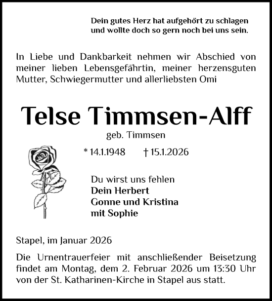 Traueranzeige von Telse Timmsen-Alff von Husumer Nachrichten, Nordfriesland Tageblatt