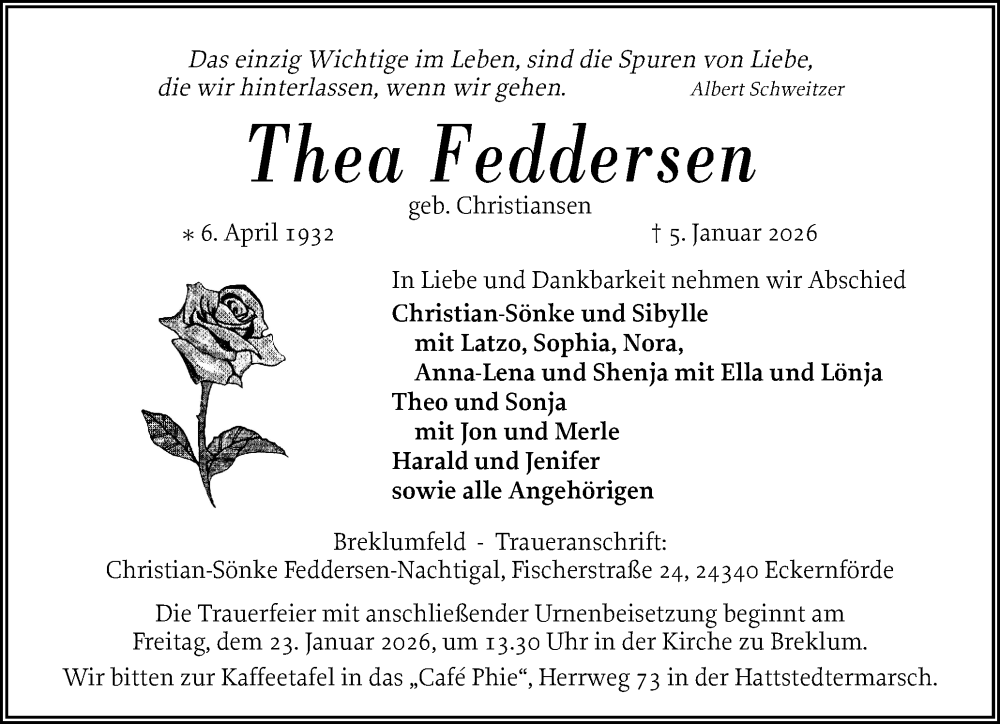  Traueranzeige für Thea Feddersen vom 17.01.2026 aus Husumer Nachrichten, Nordfriesland Tageblatt
