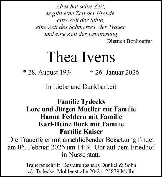 Traueranzeige von Thea Ivens von MARKT Ratzeburg/Mölln