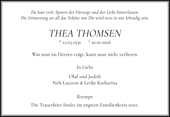 Traueranzeige von Thea Thomsen von Norddeutsche Rundschau, Wilstersche Zeitung, Glückstädter Fortuna