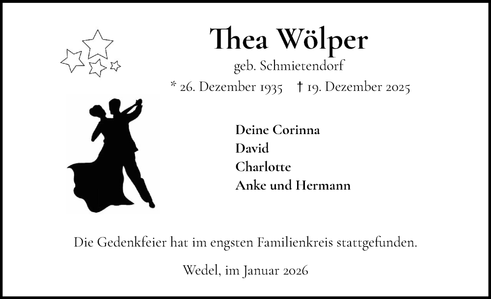  Traueranzeige für Thea Wölper vom 17.01.2026 aus Wedel-Schulauer Tageblatt, tip Wedel-Schulauer Tageblatt, tip Rissener Rundschau