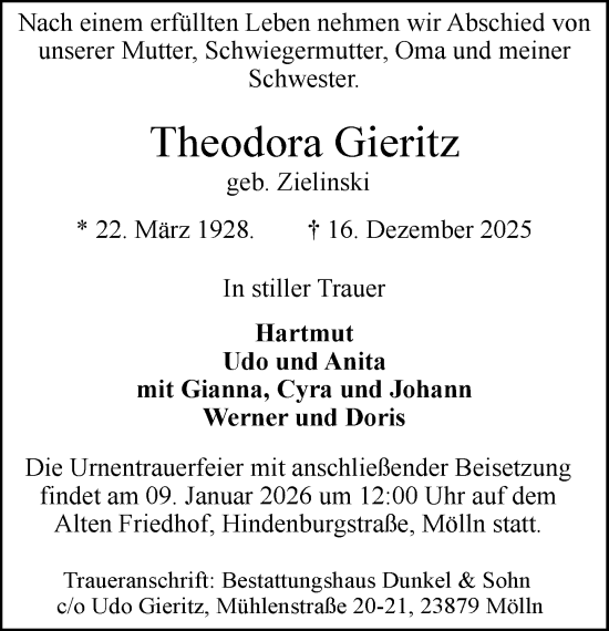 Traueranzeige von Theodora Gieritz von MARKT Ratzeburg/Mölln
