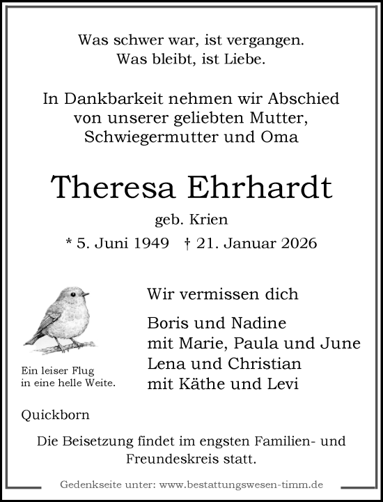 Traueranzeige von Theresa Ehrhardt von Umschau