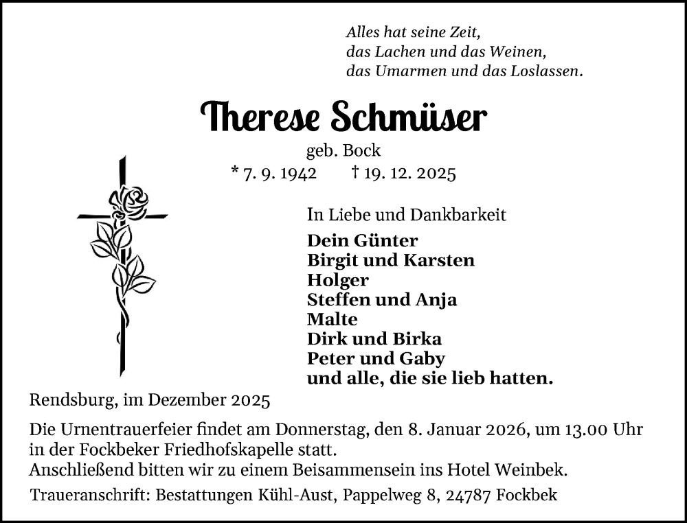  Traueranzeige für Therese Schmüser vom 03.01.2026 aus Schleswig-Holsteinische Landeszeitung