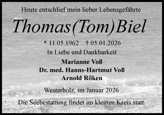 Traueranzeige von Thomas Biel von Flensburger Tageblatt
