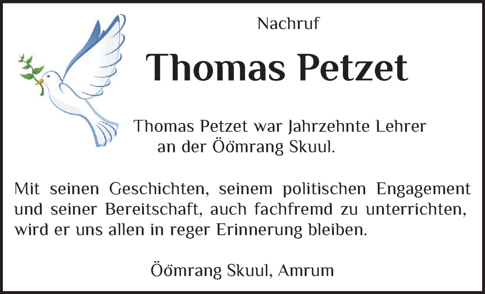  Traueranzeige für Thomas Petzet vom 17.01.2026 aus Der Insel-Bote