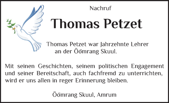 Traueranzeige von Thomas Petzet von Der Insel-Bote