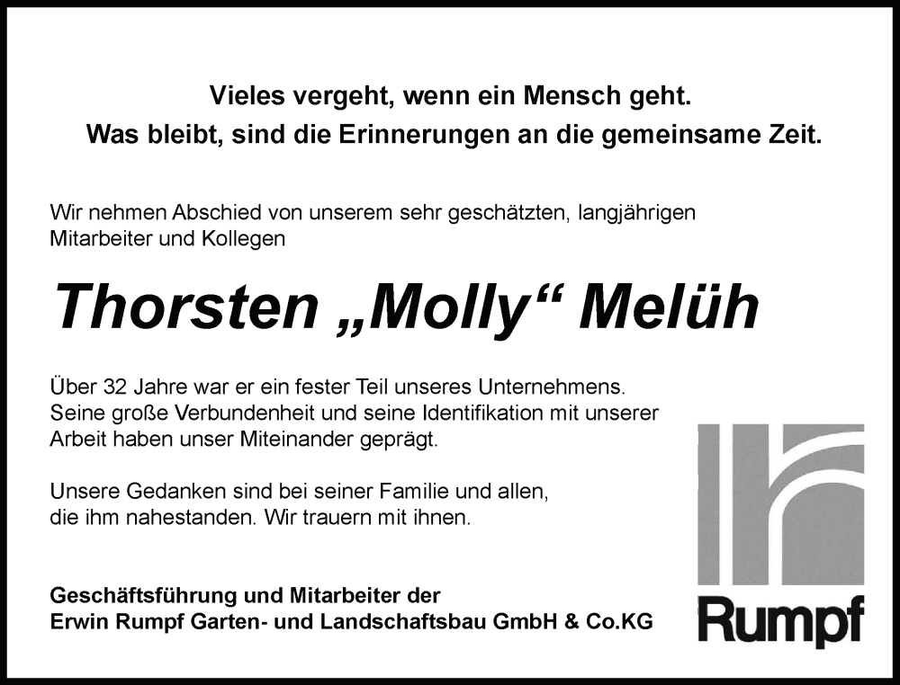  Traueranzeige für Thorsten Melüh vom 10.01.2026 aus Schleswig-Holsteinische Landeszeitung
