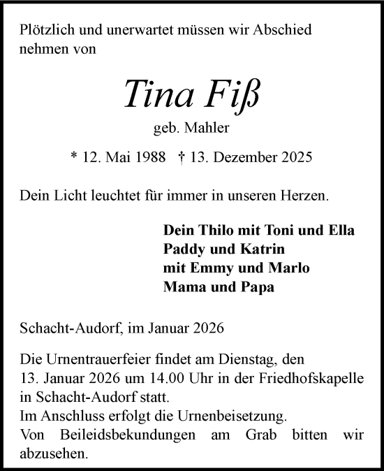 Traueranzeige von Tina Fiß von Schleswig-Holsteinische Landeszeitung
