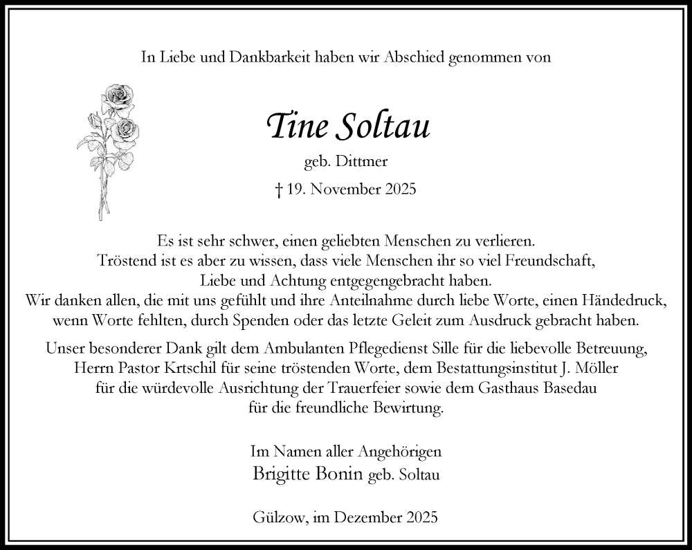  Traueranzeige für Tine Soltau vom 03.01.2026 aus Wochenend Anzeiger