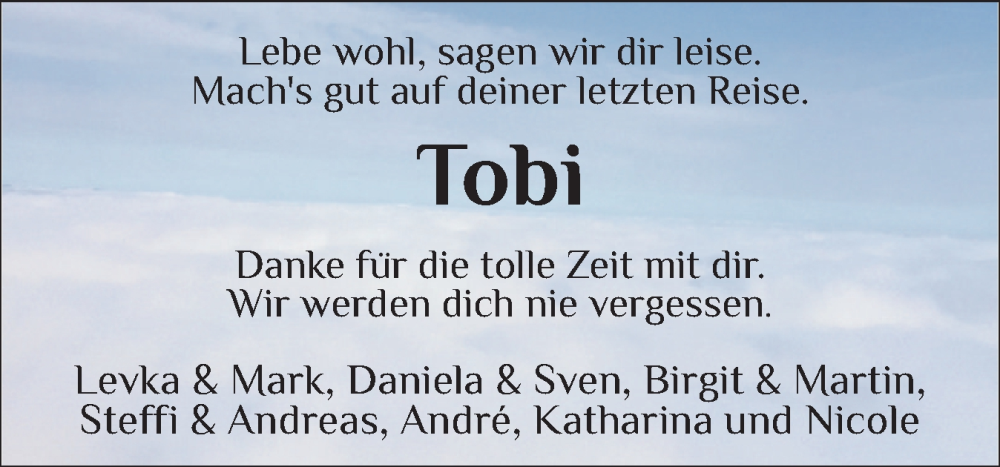  Traueranzeige für Tobi  vom 31.01.2026 aus Husumer Nachrichten, Nordfriesland Tageblatt