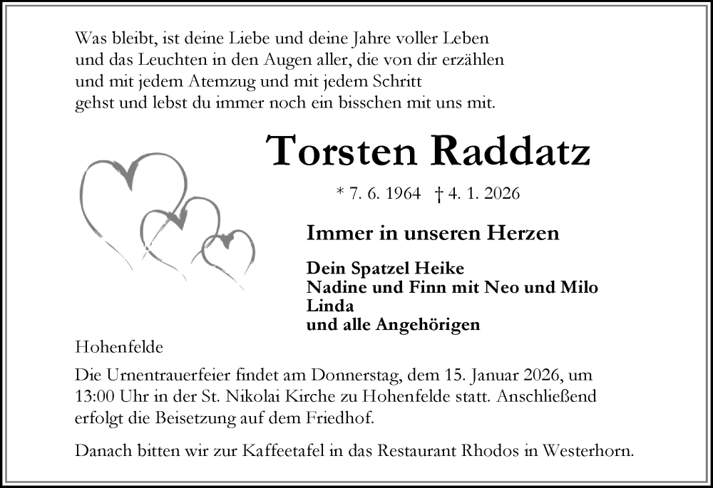  Traueranzeige für Torsten Raddatz vom 10.01.2026 aus Region Steinburg-Elmshorn