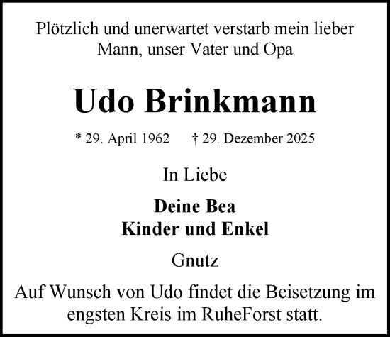 Traueranzeige von Udo Brinkmann von Schleswig-Holsteinische Landeszeitung