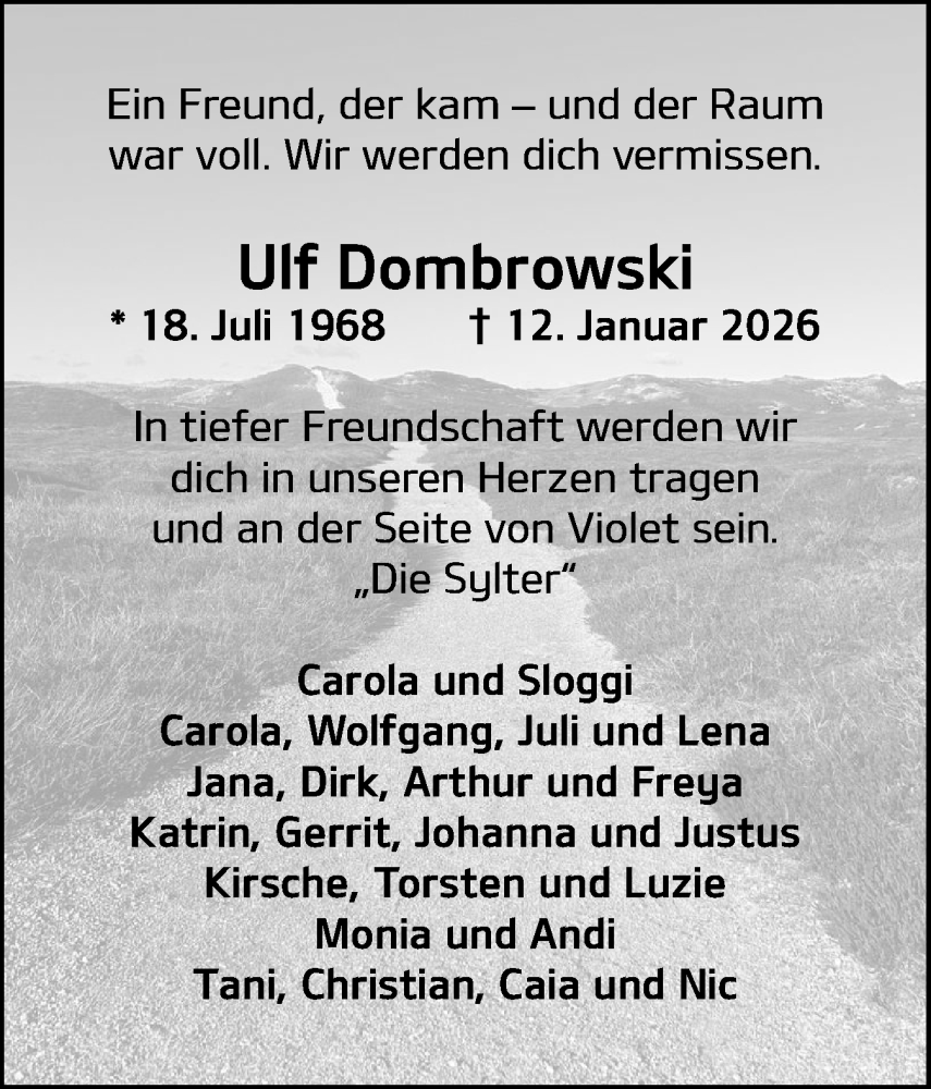  Traueranzeige für Ulf Dombrowski vom 24.01.2026 aus Sylter Rundschau