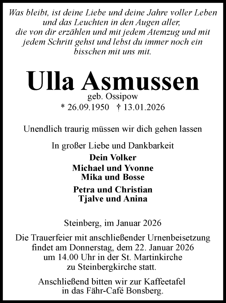  Traueranzeige für Ulla Asmussen vom 17.01.2026 aus Flensburger Tageblatt