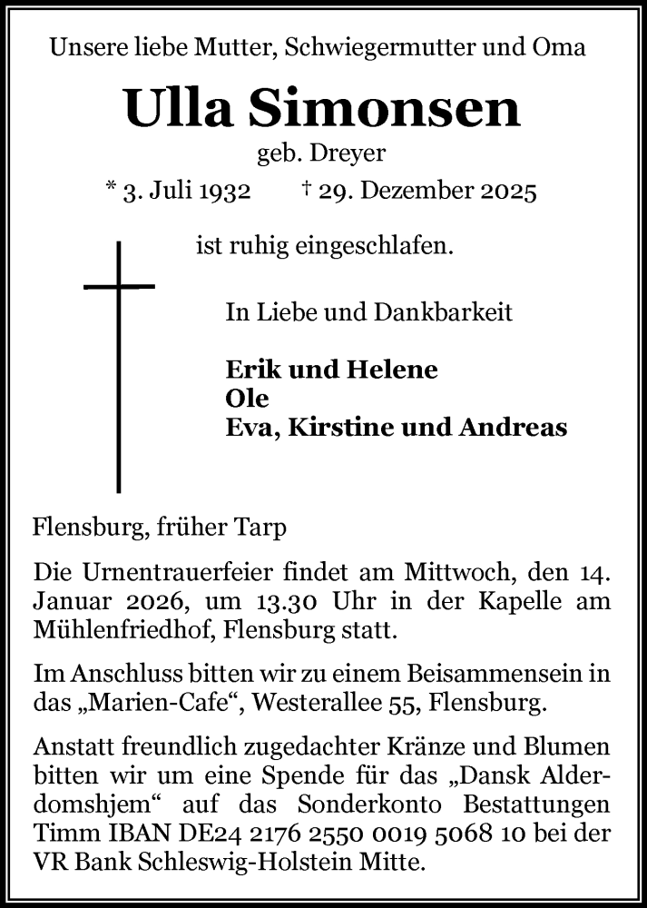  Traueranzeige für Ulla Simonsen vom 10.01.2026 aus Flensburger Tageblatt
