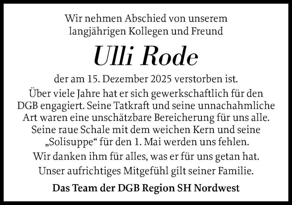  Traueranzeige für Ulli Rode vom 10.01.2026 aus Husumer Nachrichten, Nordfriesland Tageblatt