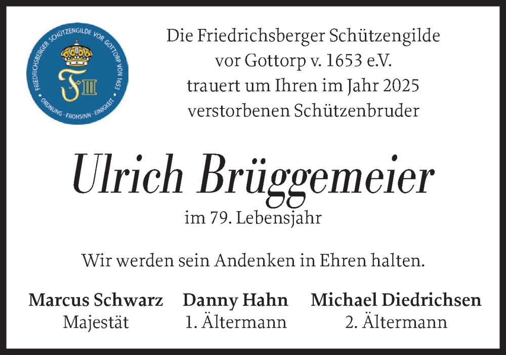  Traueranzeige für Ulrich Brüggemeier vom 16.01.2026 aus Schleswiger Nachrichten, Schlei-Bote