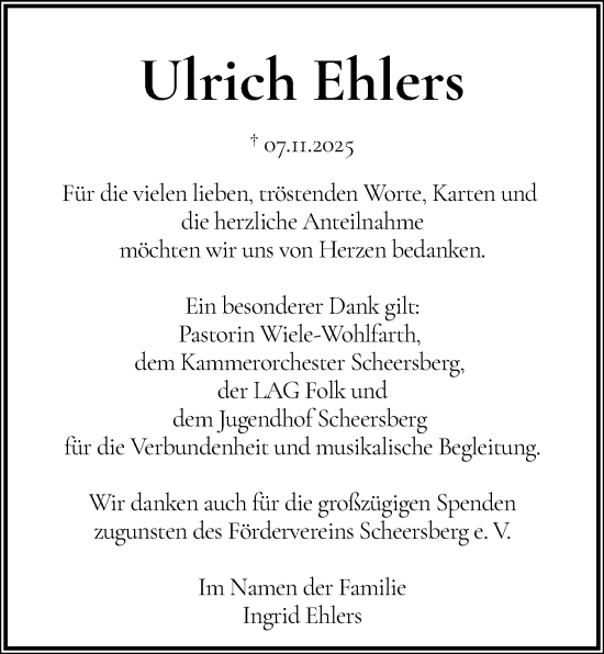 Traueranzeige von Ulrich Ehlers von Husumer Nachrichten, Nordfriesland Tageblatt