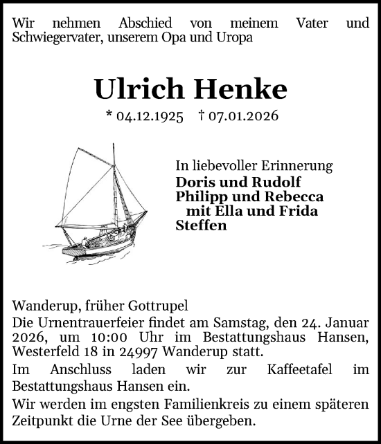 Traueranzeige von Ulrich Henke von Flensburger Tageblatt