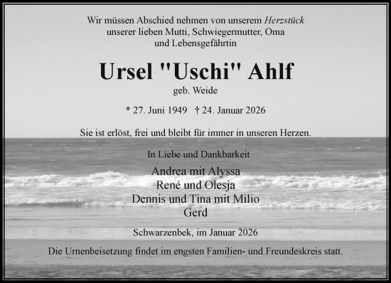 Traueranzeige von Ursel Ahlf von Wochenend Anzeiger
