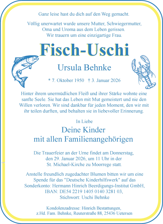 Traueranzeige von Ursula Behnke von Elmshorner Nachrichten, Barmstedter Zeitung