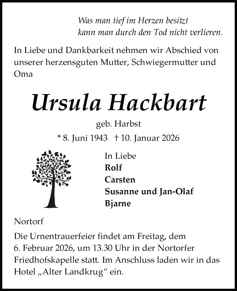  Traueranzeige für Ursula Hackbart vom 31.01.2026 aus Schleswig-Holsteinische Landeszeitung