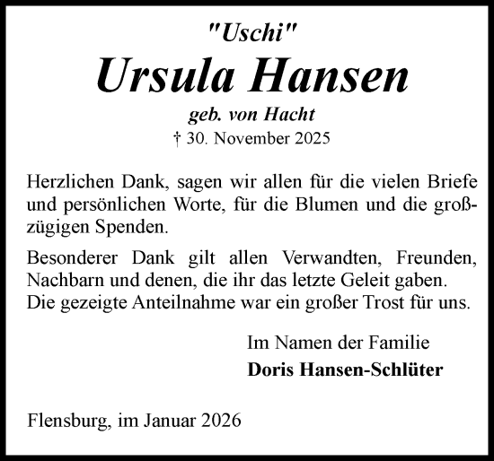 Traueranzeige von Ursula Hansen von Flensburger Tageblatt