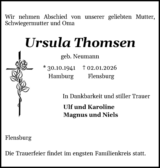 Traueranzeige von Ursula Thomsen von Flensburger Tageblatt
